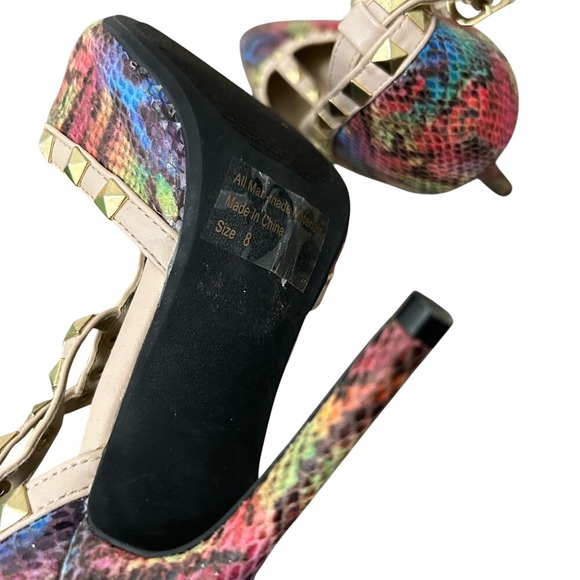 Wild Diva Lounge Rainbow Snakeskin Studded Strappy Pointed Toe Pumps Size 8 - Picture 5 of 5